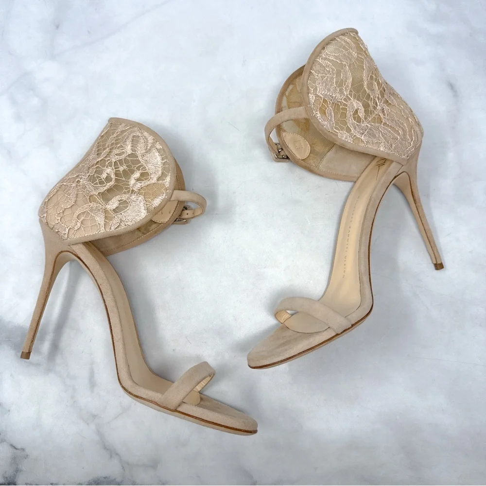 Giuseppe Zanotti Mistico Lace Cuff Buckle Suede Open Toe Stiletto Sandal Heel 40